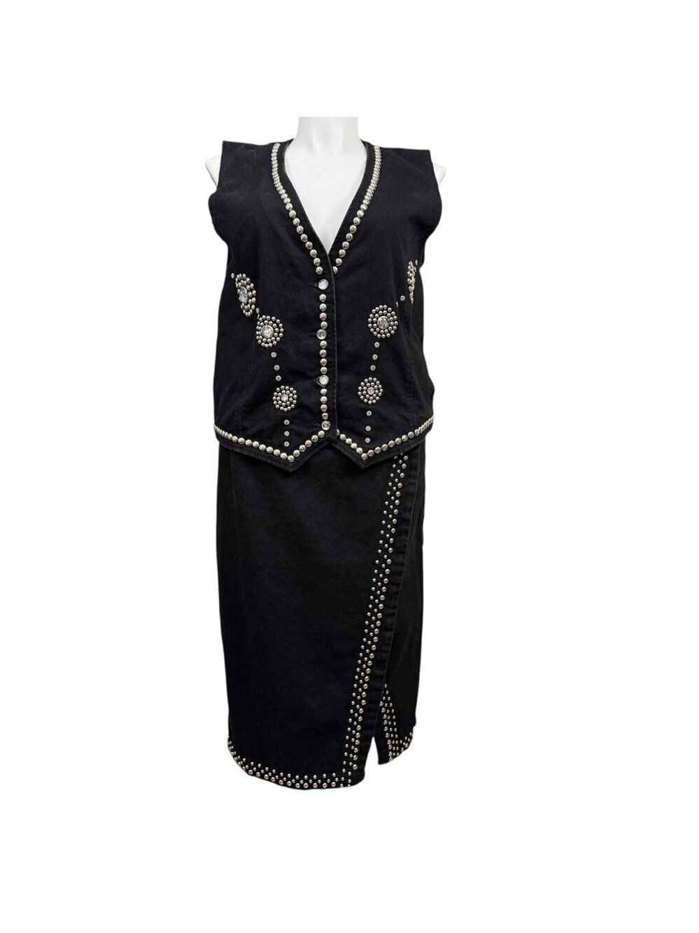 Vintage Apache Black Studded Western Vest & Skirt Set Cotton USA XL 2X